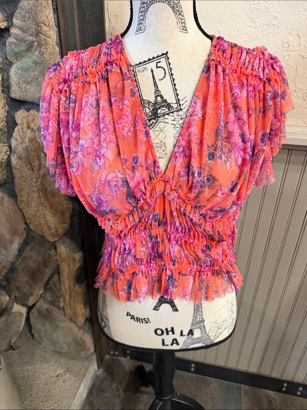 Free People Coral Pink Floral Smocked V-Neck Blouse